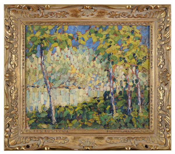 DIPINTO PAESAGGIO CON MURO BIANCO DI PITTORE FRANCESE