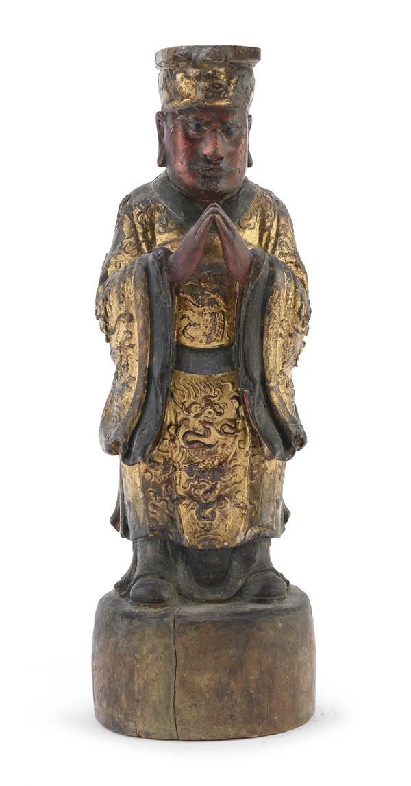 SCULTURA TAOISTA IN LEGNO DIPINTO, CINA