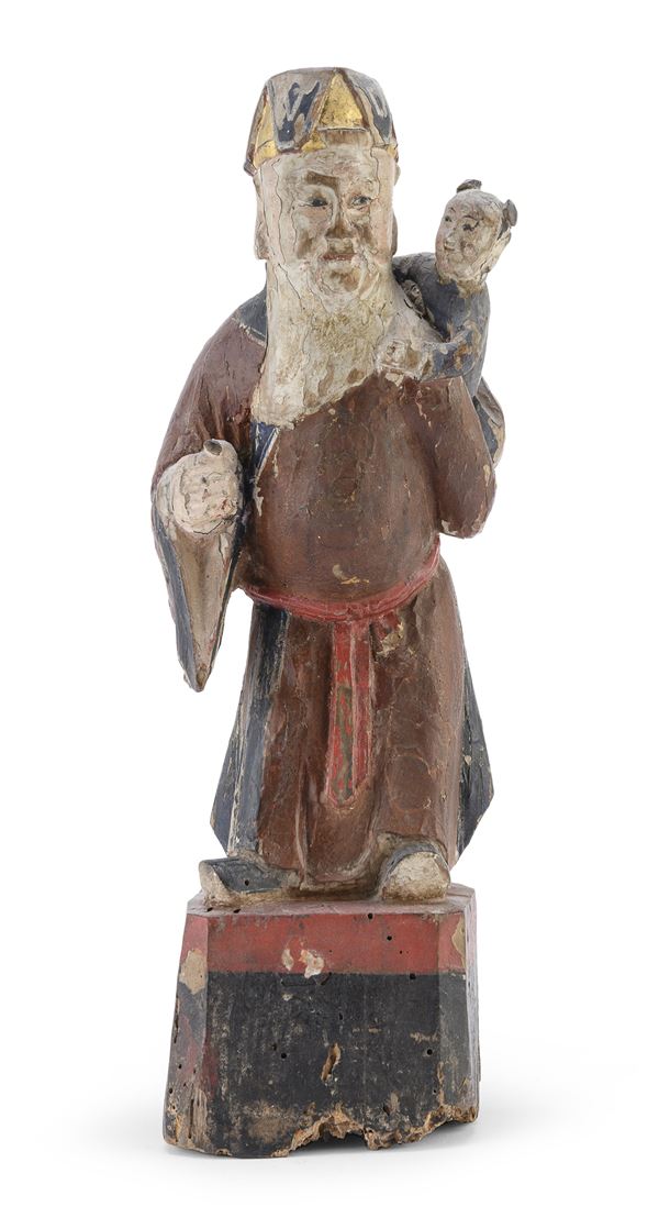SCULTURA DI LETTERATO IN LEGNO DIPINTO, CINA
