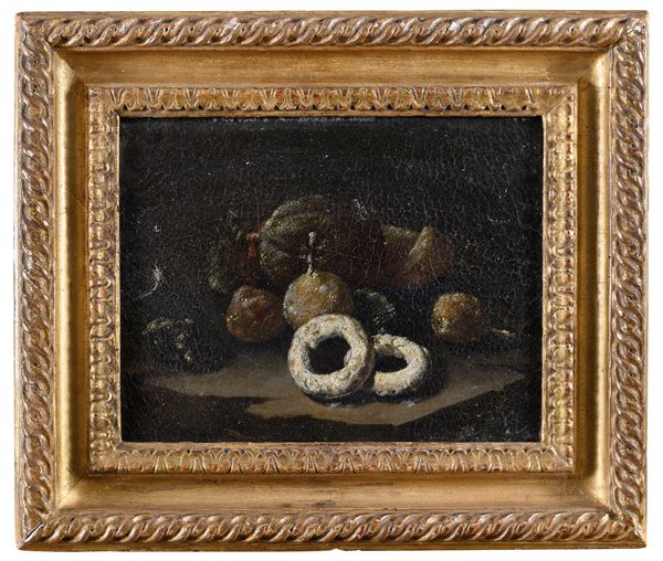 NATURA MORTA DI FRUTTA E DUE TARALLI DEL SETTECENTO