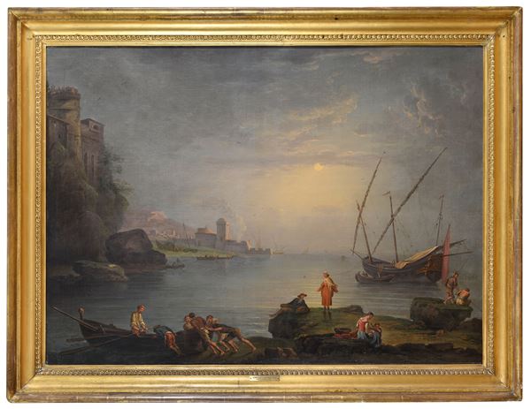 DIPINTO MARINA CON PESCATORI DI ADRIEN MANGLARD