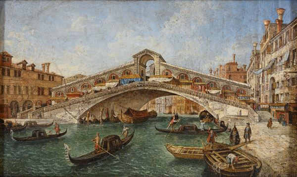 PONTE DI RIALTO CON GONDOLE DI PITTORE VENETO