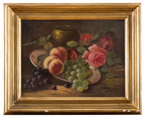 COPPIA DI NATURE MORTE DI FIORI E FRUTTA