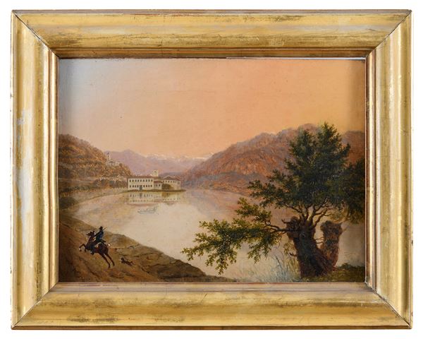 DIPINTO VEDUTA DEL LAGO MAGGIORE PRESSO BRISSAGO CON CAVALIERE