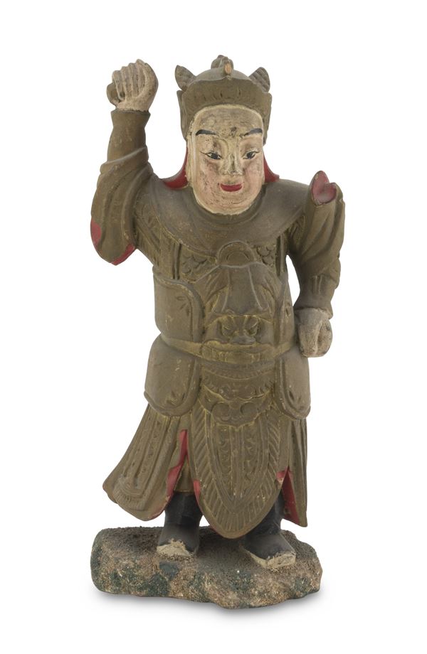 LOKAPALA IN LEGNO DIPINTO IN POLICROMIA, CINA