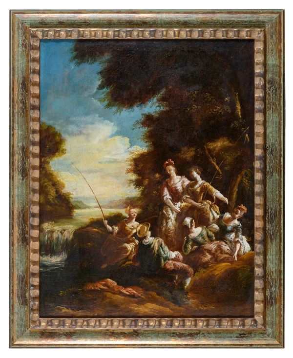 DIPINTO GIOVANI PESCATRICI DI PITTORE VENEZIANO DEL SETTECENTO