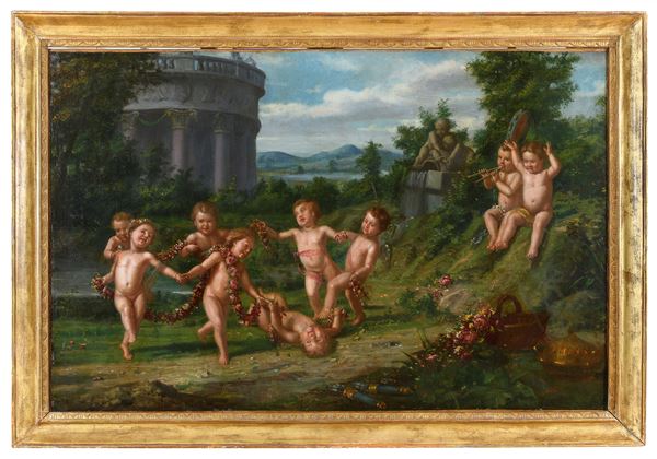 AMORINI CON TEMPIETTO CLASSICO DI PITTORE NAPOLETANO