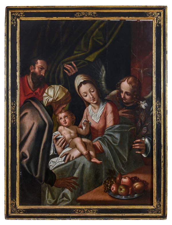 SACRA FAMIGLIA SU TAVOLA DI PITTORE FIAMMINGO FINE XVI SECOLO