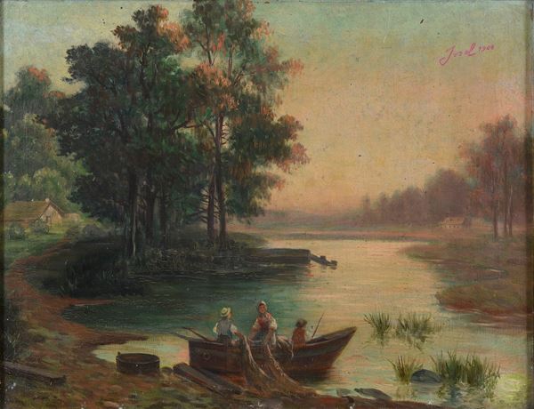 DIPINTO PITTORE SUL LAGO DI ROBERTO ISSEL