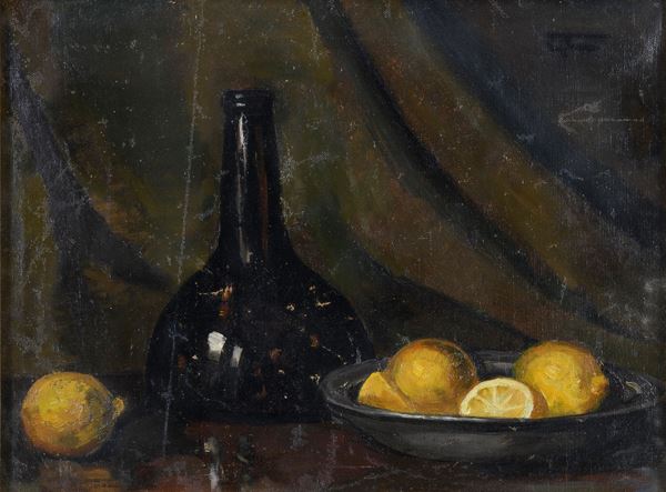 DIPINTO NATURA MORTA DI LIMONI E BOTTIGLIA
