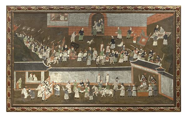 DIPINTO CORTEO IMPERIALE DI PITTORE CINESE DEL SETTECENTO