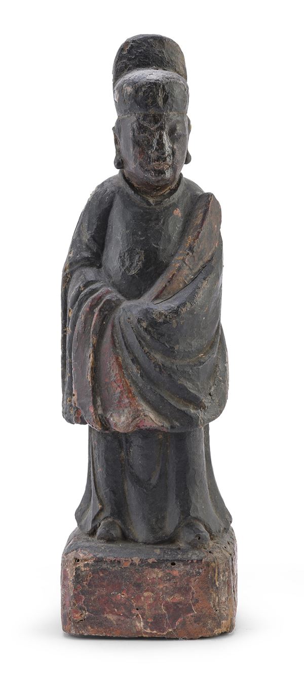 SCULTURA DI LETTERATO IN LEGNO DIPINTO, CINA