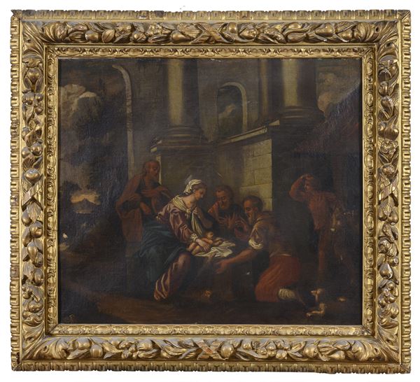 NATIVITÁ CON ARCHITETTURA DI PITTORE VENETO DEL SEICENTO