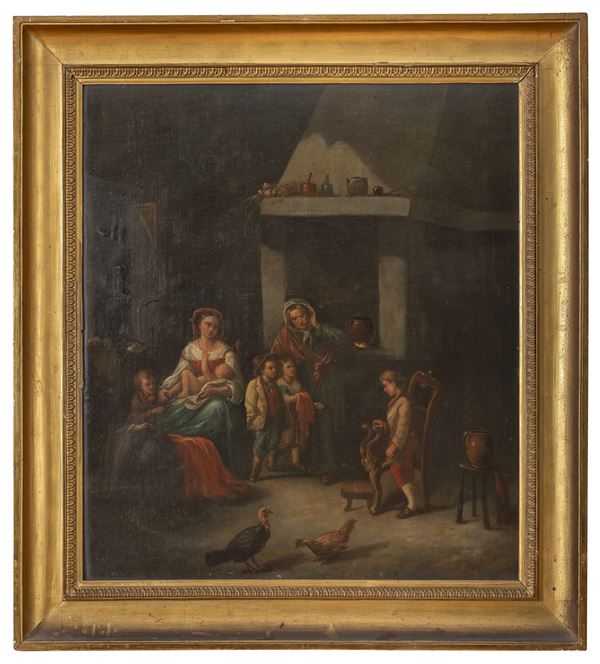 DIPINTO INTERNO CON SCENA FAMILIARE