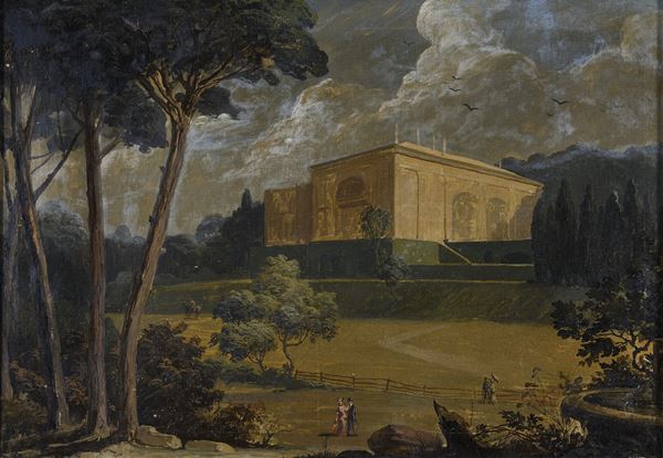 DIPINTO VEDUTA DI VILLA CON GIARDINI E FIGURE A PASSEGGIO