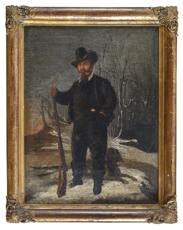 DIPINTO CACCIATORE CON CANE IN PAESAGGIO