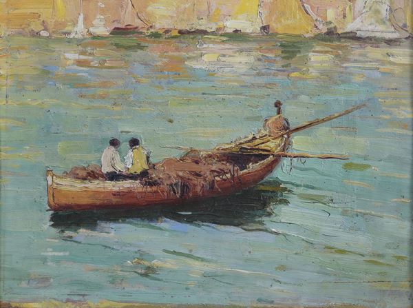 DIPINTO SU TAVOLETTA BARCA DI PESCATORI