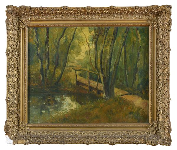 DIPINTO SENTIERO NEL BOSCO CON PONTICELLO