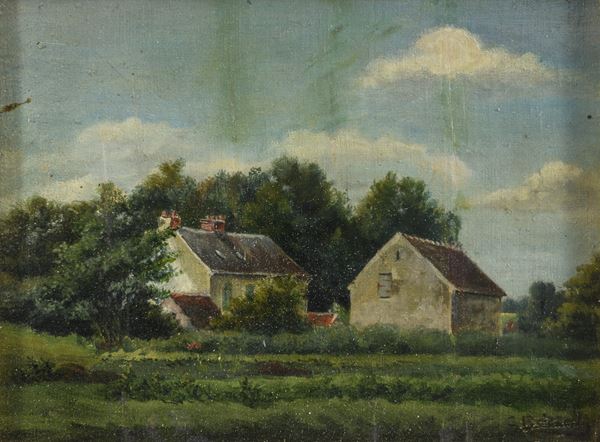 DIPINTO PAESAGGIO CON CASE F.TO C. BOZZOLEO