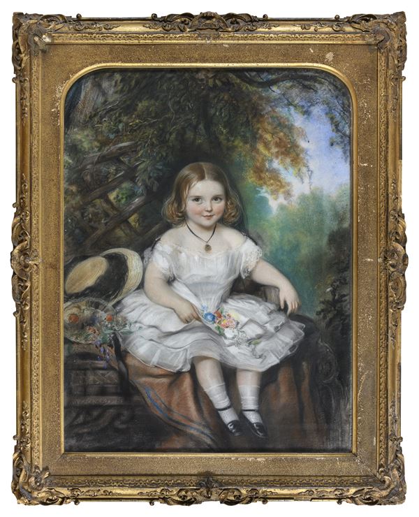 PASTELLO BIMBA IN PAESAGGIO DI PITTORE FRANCESE, 1856