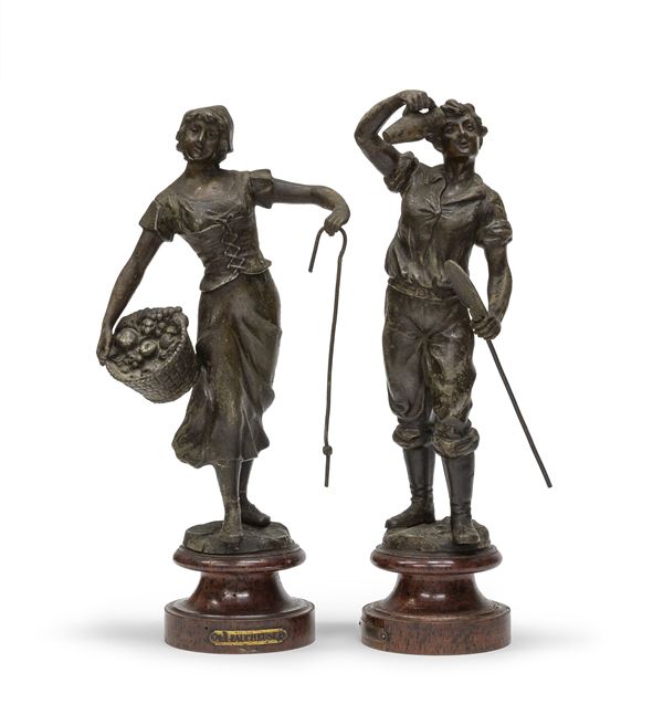 COPPIA DI SCULTURE IN ANTIMONIO, XIX SECOLO