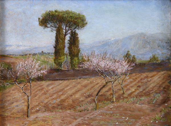 DIPINTO PAESAGGIO CON MANDORLI IN FIORE