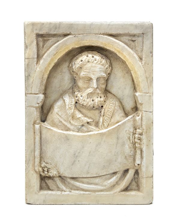 PICCOLO ALTORILIEVO IN MARMO BIANCO, SIENA XIV SECOLO