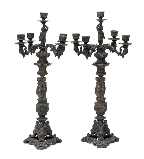 COPPIA DI CANDELABRI IN FERRO, XIX SECOLO