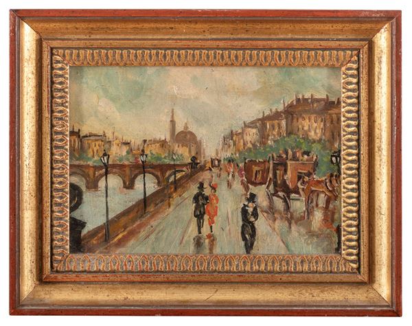 TRITTICO CON OROLOGIO IN BRONZO E PORCELLANA