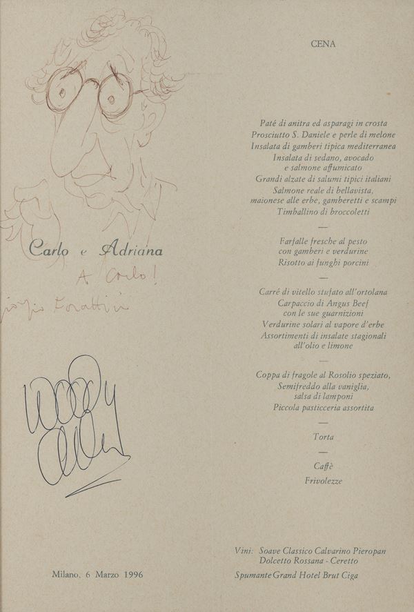 MENÚ AUTOGRAFATO DA WOODY ALLEN CON CARICATURA DI GIORGIO FORATTINI, 1966