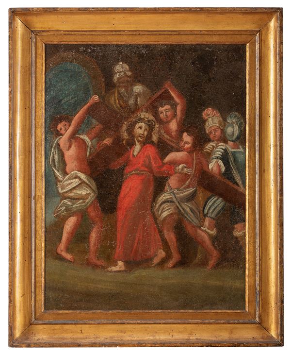 DIPINTO GESU' CARICATO DELLA CROCE, XVII SECOLO