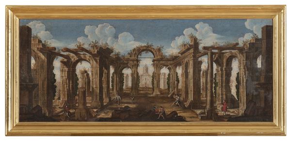 DIPINTO PAESAGGIO CON ROVINE SIGLATO N.P., XVIII SECOLO