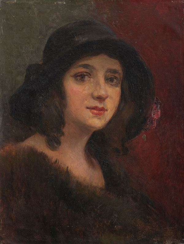 DIPINTO DONNA CON CAPPELLO, XX SECOLO