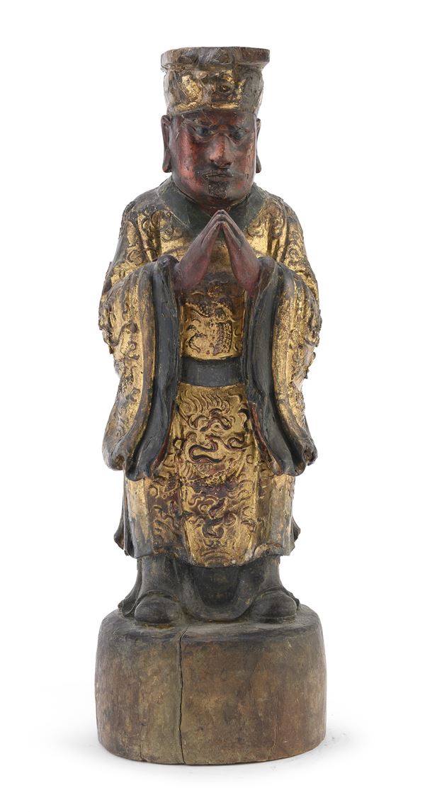 SCULTURA TAOISTA IN LEGNO DIPINTO, CINA
