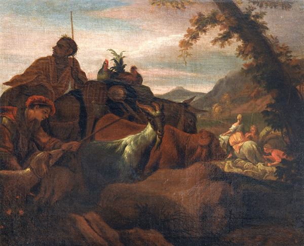 DIPINTO IL VIAGGIO DI GIACOBBE, BOTTEGA DI GIOVANNI CASTIGLIONE  - Asta ASTA 287 - ANTIQUARIATO E ARTE ASIATICA - Casa d'Aste Babuino