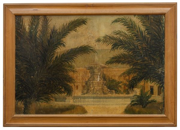 DIPINTO VEDUTA DI VILLA CON FONTANA