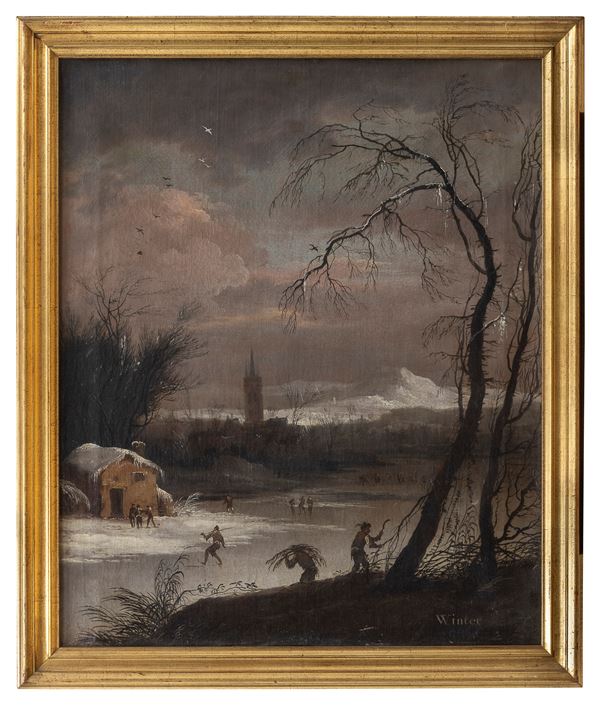 PAESAGGIO INVERNALE DI PITTORE FIAMMINGO DEL XVIII SECOLO