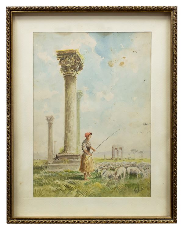 ACQUERELLO PAESAGGIO CON COLONNE E PASTORELLA