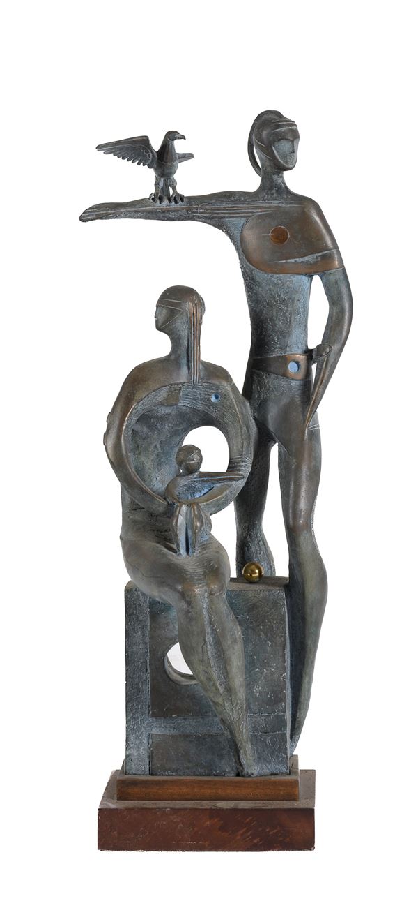 BRONZO FAMIGLIA CON FALCO DI AUGUSTO CONTI