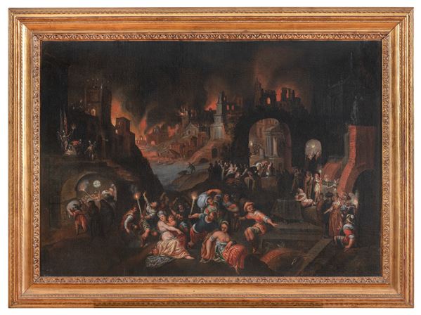 DIPINTO CITTÁ IN FIAMME ATTRIBUITO A GILLIS VAN VALCKENBORCH