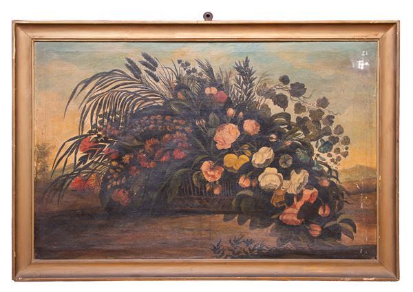 DIPINTO CESTA DI FIORI DI PITTORE ACCADEMICO  - Asta ASTA 290 - ASTA DI ARTE ANTICA E PREZIOSI - Casa d'Aste Babuino