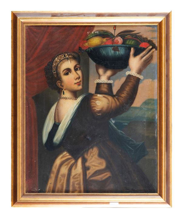 DIPINTO DONNA CON VASSOIO DA TIZIANO VECELLIO
