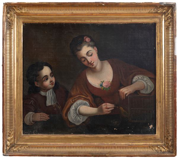 DONNA E BIMBO CON UCCELLINO AMBITO DI ANTONIO AMOROSI