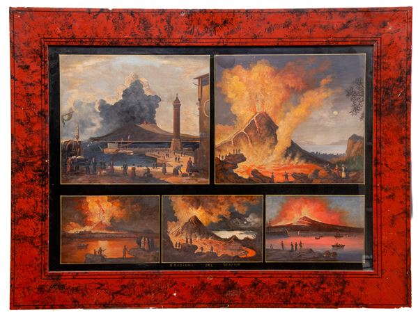 CINQUE GOUACHES ERUZIONI DEL VESUVIO