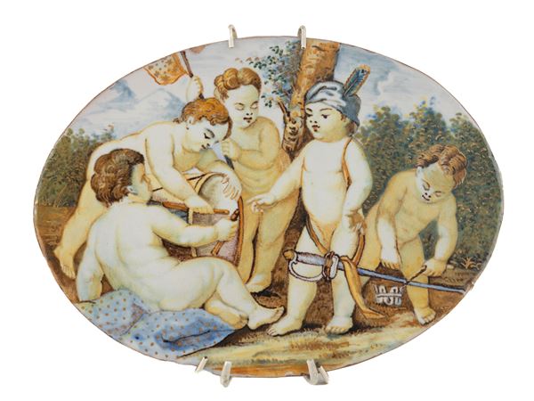 MATTONELLA OVALE IN MAIOLICA, CASTELLI XIX SECOLO