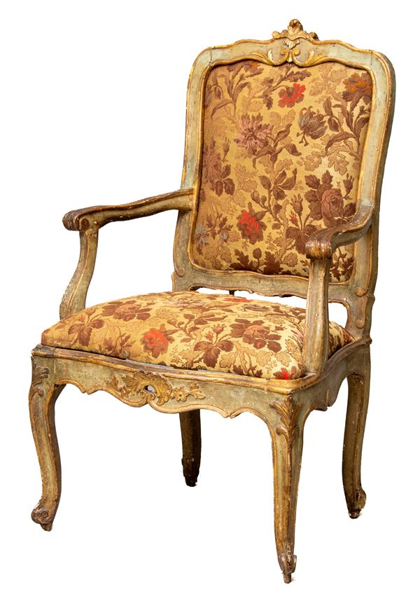 POLTRONA IN LEGNO LACCATO, MARCHE XVIII SECOLO
