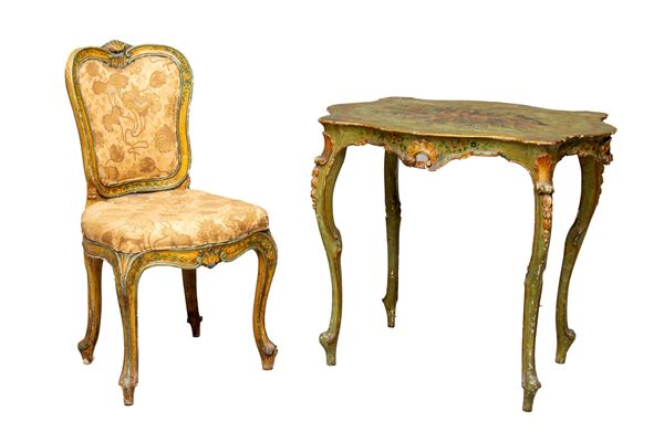 TAVOLINO E SEDIA IN LEGNO LACCATO, VENEZIA FINE XIX SECOLO