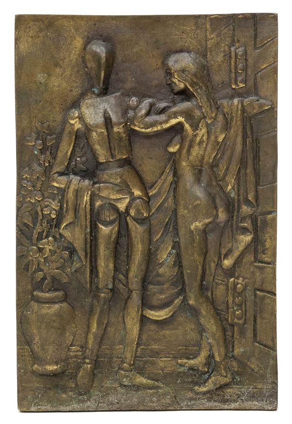 BASSORILIEVO IN BRONZO DONNA E MANICHINO