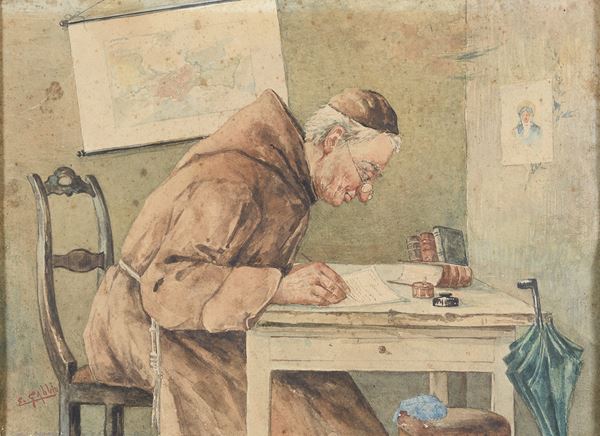 ACQUERELLO FRATE ALLO SCRITTOIO F.TO E. GABBIO
