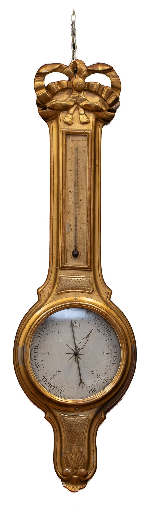 BAROMETRO E TERMOMETRO IN LEGNO DORATO, XIX SECOLO